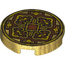 Part 14769pb726 - Tile, Round 2 x 2 with Bottom Stud Holder with Gold and Yellow 4 Petal Flower Design and Square on Dark Orange Background Pattern (Coin)