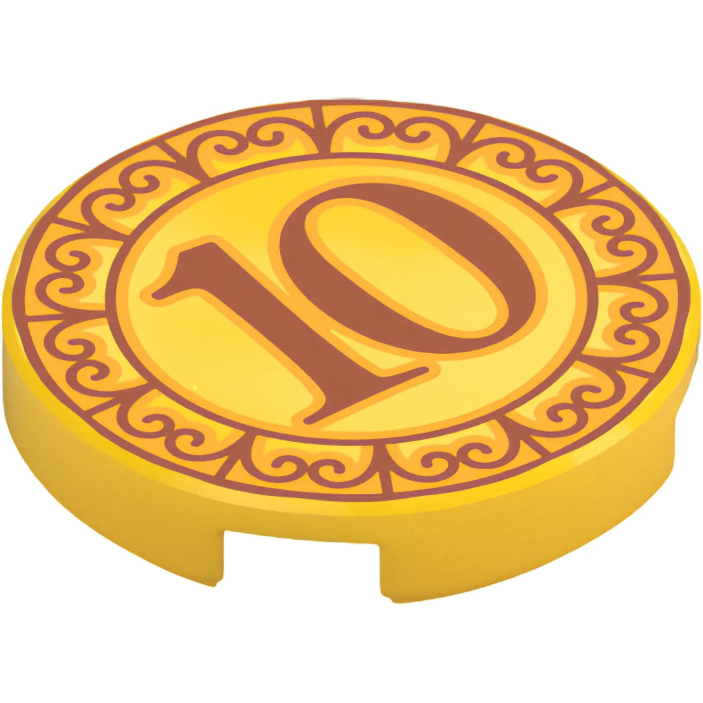 Part 14769pb774 - Tile, Round 2 x 2 with Bottom Stud Holder with Coin with Dark Orange and Bright Light Orange '10' and Border with Filigree Pattern