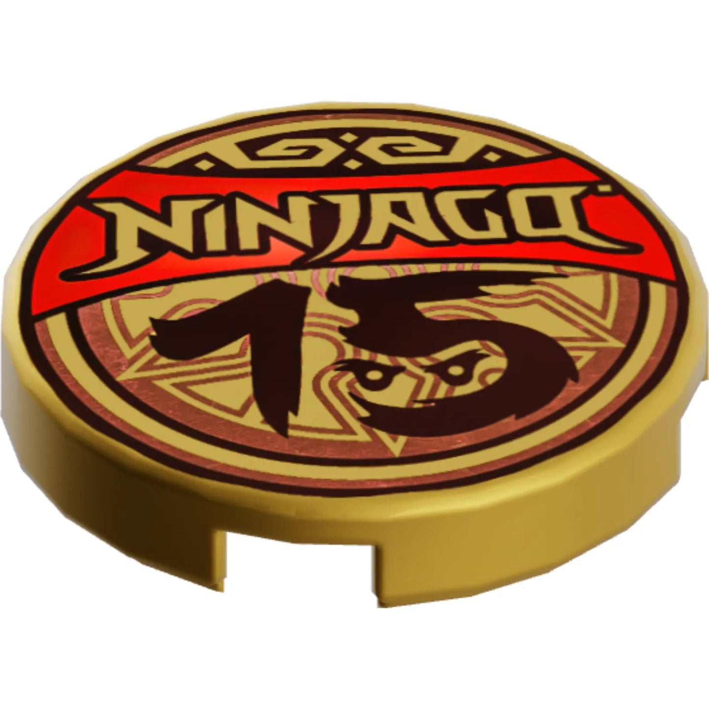Part 14769pb833 - Tile, Round 2 x 2 with Bottom Stud Holder with 'NINJAGO 15', Red Banner, Copper Trim Pattern