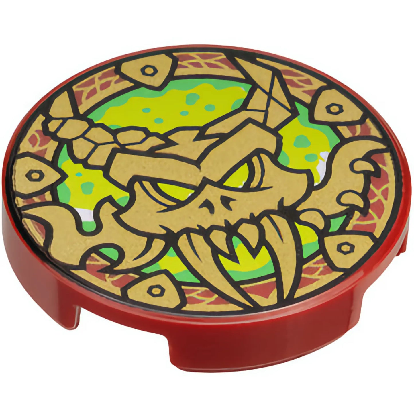 Part 14769pb836 - Tile, Round 2 x 2 with Bottom Stud Holder with Gold Dragon Skull, Lime and Bright Green Background Pattern