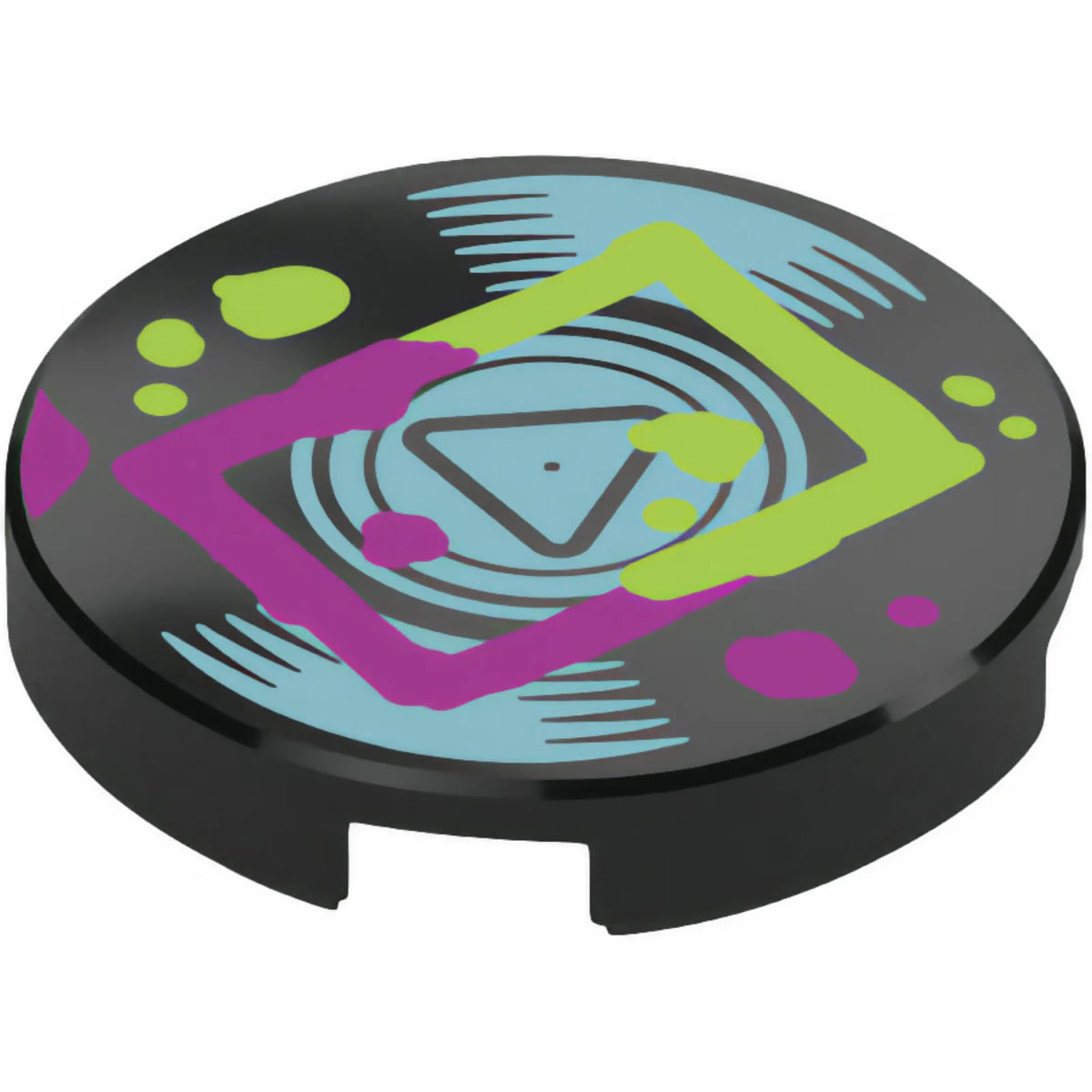 Part 14769pb863 - Tile, Round 2 x 2 with Bottom Stud Holder with Vinyl Record with Metallic Light Blue Label and Highlights, Magenta and Lime Square and Splotches Pattern