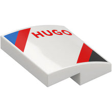 Part 15068pb606R - Slope, Curved 2 x 2 x 2/3 with Black and Blue Triangles, Red 'HUGO' and Diagonal Stripes Pattern Model Right Side