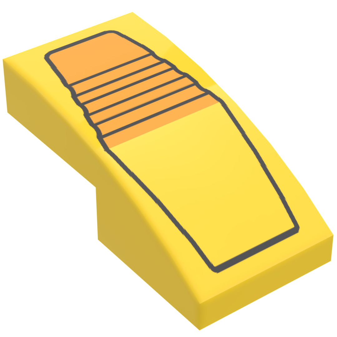 Part 11477pb191 - Slope, Curved 2 x 1 x 2/3 with Black Outline and Ridges, Bright Light Orange Panel Pattern (Transformers Bumblebee Head Center)