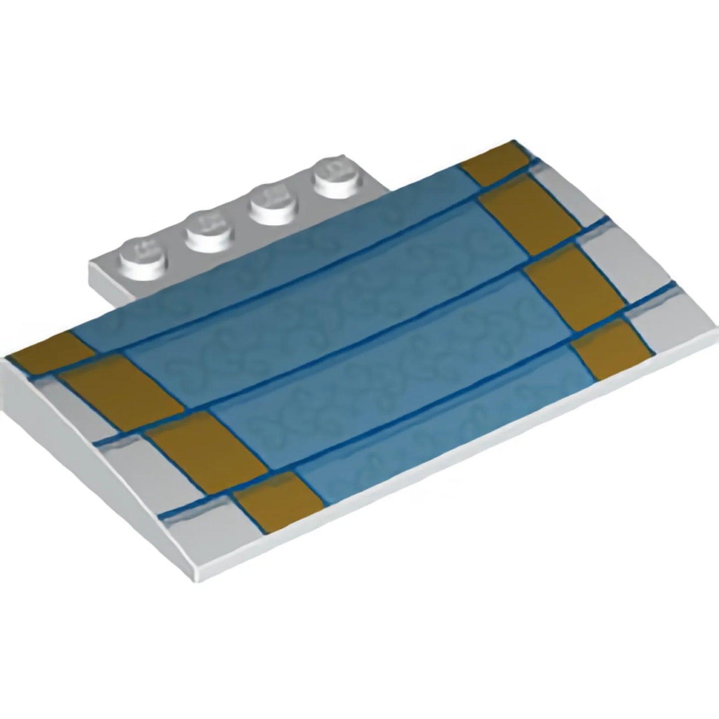 Part 15625pb027 - Slope, Curved 5 x 8 x 2/3 with 4 Studs with 4 Gold Steps with Bright Light Blue Runner, Metallic Light Blue Filigree Pattern