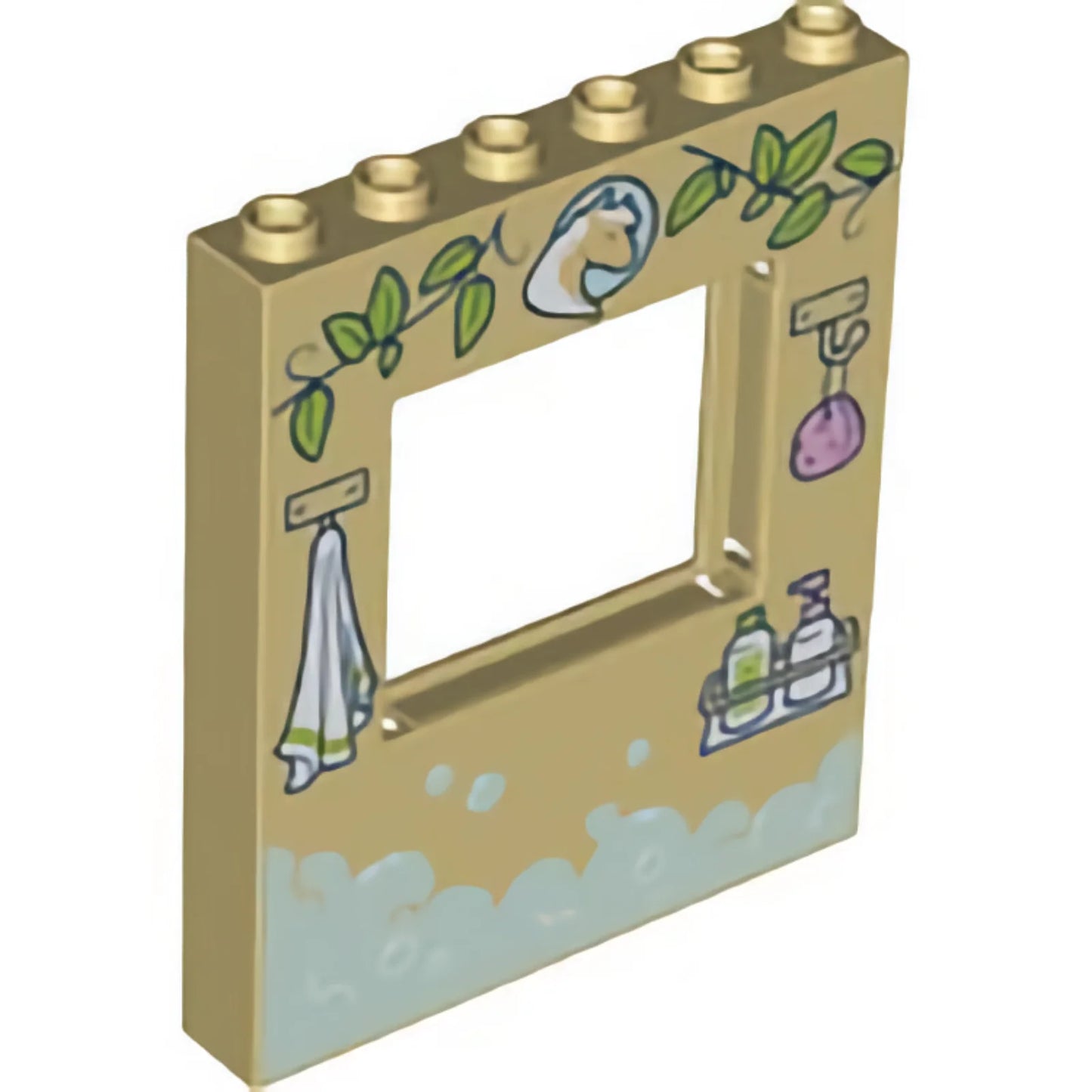 Part 15627pb018 - Panel 1 x 6 x 6 with Window with Lime Vine Leaves, Horse Emblem, Towel and Sponge on Hooks, Soap Dispencers, and Light Aqua Soap Suds Pattern