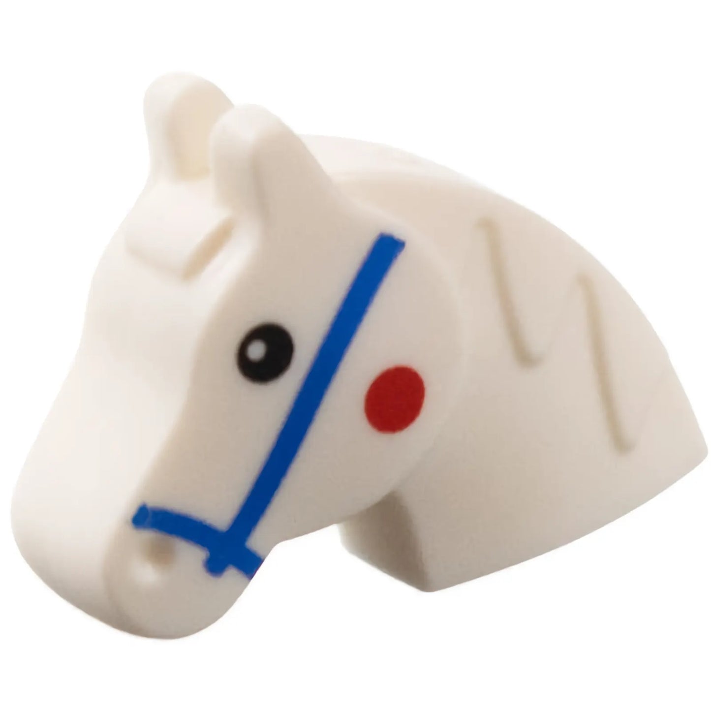 Part 1703pb01 - Minifigure, Utensil Horse Head with Neck and Mane with Blue Bridle, Black Eyes, Red Spot on Cheeks Pattern