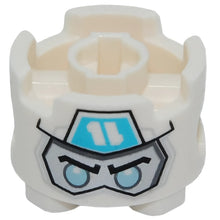 Part 17485pb018 - Brick, Round 2 x 2 with Pin Holes with Balaclava with Ninjago Logogram Letter Z on Medium Azure Pentagon over Silver Face with Black Eyebrows and Metallic Light Blue Eyes Pattern (Zane Head)
