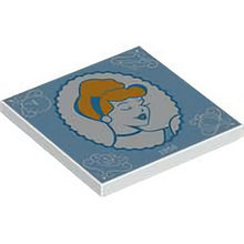 Part 1751pb036 - Tile 4 x 4 with Bright Light Orange and Dark Azure Cinderella Portrait in Oval Frame with White Filigree, '1950', Clock Face, Glass Slipper, Gus and Pumpkin on Bright Light Blue Background Pattern