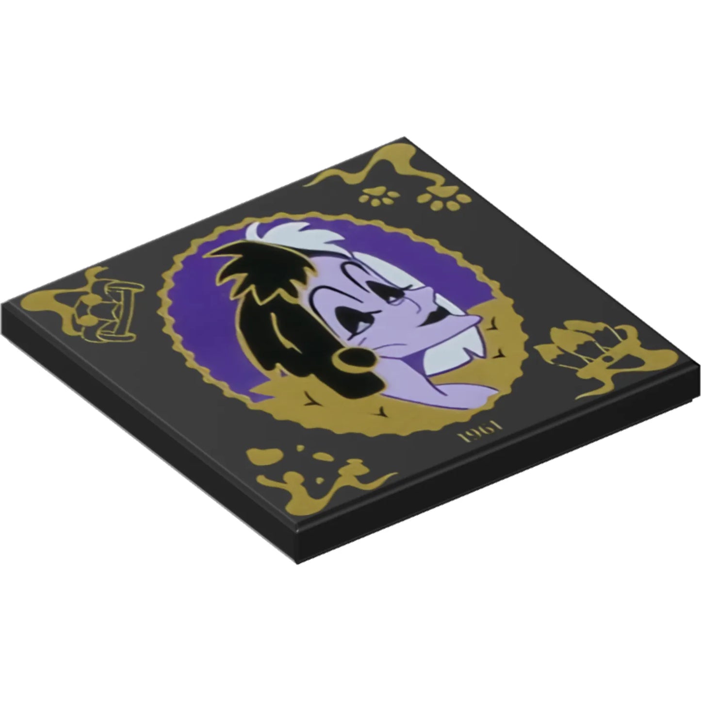 Part 1751pb038 - Tile 4 x 4 with Lavender and Medium Lavender  Cruella De Vil Portrait in Oval Frame with Gold Filigree, ‘1961’, Panther De Ville Car, Dalmatian Dog Paws, Spots and Tails Handbag Pattern