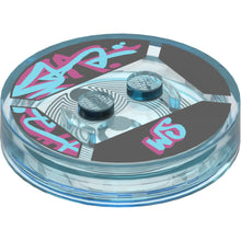 Part 18605c01pb02 - Dimensions Toy Tag 4 x 4 x 2/3 with 2 Studs and Trans-Light Blue Bottom with Medium Azure and Magenta 'WS' and Graffiti on Black Background Pattern (Wyldstyle)