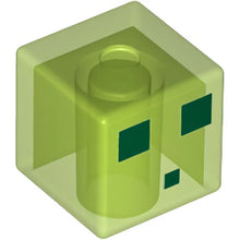 Part 19729pb021 - Minifigure, Head, Modified Cube with Pixelated Dark Green Eyes and Mouth Pattern (Minecraft Slime)