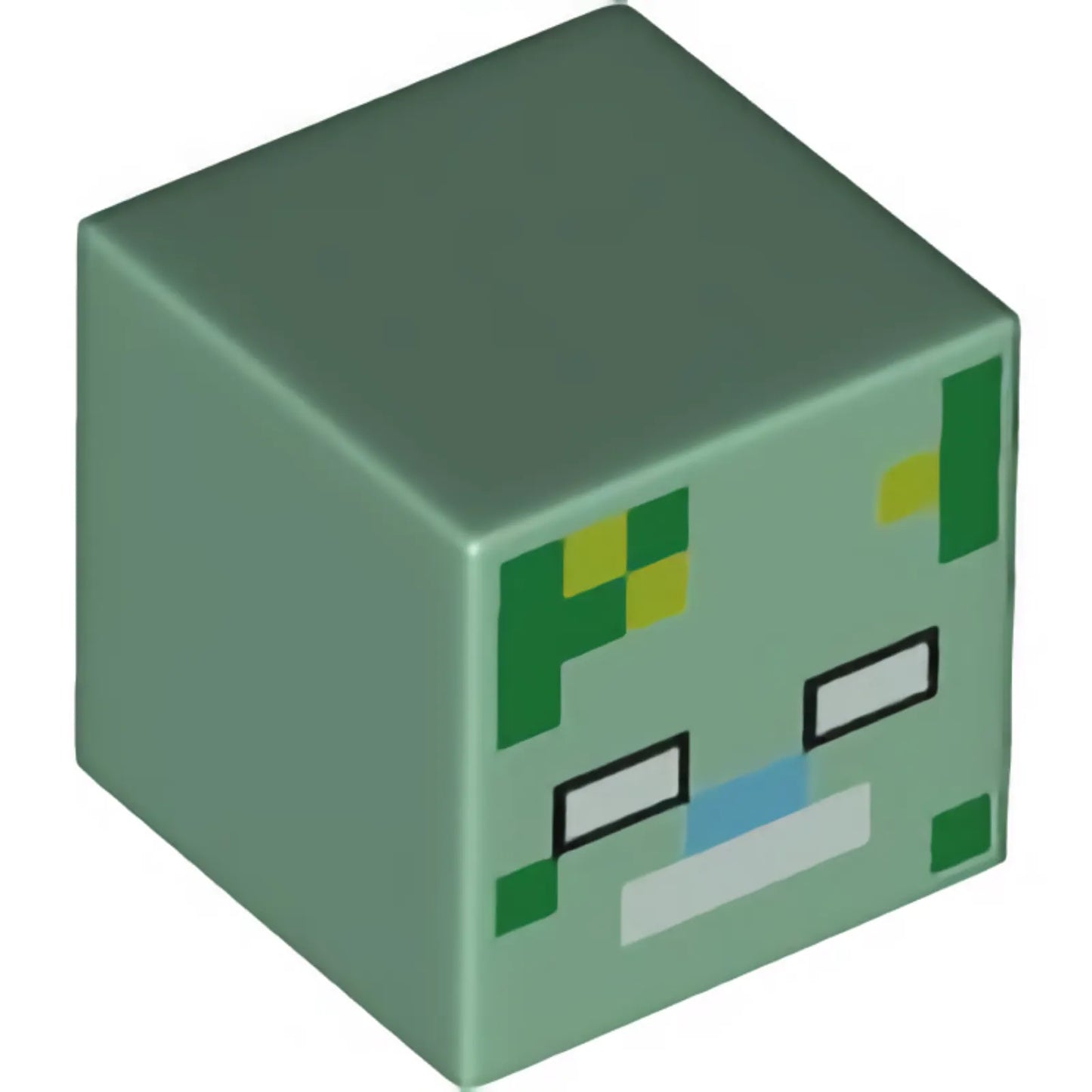 Part 19729pb046 - Minifigure, Head, Modified Cube with Pixelated White Eyes and Mouth, Medium Azure Nose, and Green and Lime Spots Pattern (Minecraft Drowned Zombie)