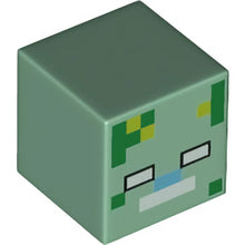 Part 19729pb046 - Minifigure, Head, Modified Cube with Pixelated White Eyes and Mouth, Medium Azure Nose, and Green and Lime Spots Pattern (Minecraft Drowned Zombie)