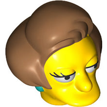 Part 19896pb01 - Minifigure, Head, Modified Simpsons Edna Krabappel with Dark Turquoise Earrings and Medium Nougat Hair Pattern