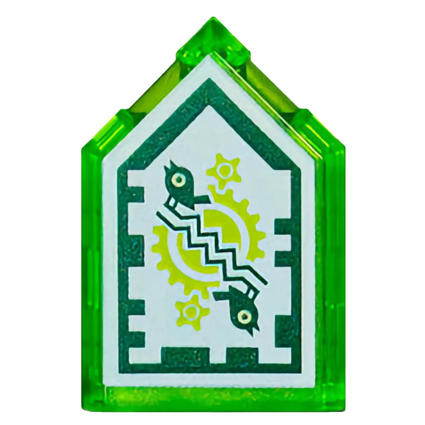 Part 22385pb096 - Tile, Modified 2 x 3 Pentagonal with Nexo Power Shield Pattern - Time Breach (Dark Green Border)