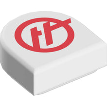 Part 24246pb055 - Tile, Round 1 x 1 Half Circle Extended with Red Haas Formula 1 Logo Stylized Capital Letter H in Circle Pattern
