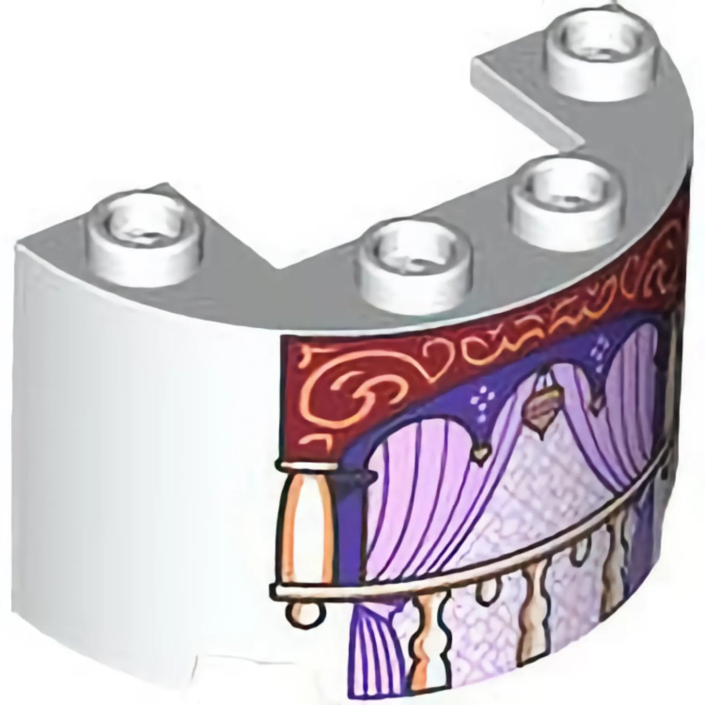 Part 24593pb17 - Cylinder Half 2 x 4 x 2 with 1 x 2 Cutout with Balcony, Nougat Ornate on Dark Red Background, Dark Purple Panel and Lavender Curtains Pattern