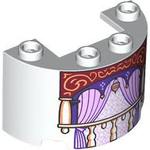 Part 24593pb17 - Cylinder Half 2 x 4 x 2 with 1 x 2 Cutout with Balcony, Nougat Ornate on Dark Red Background, Dark Purple Panel and Lavender Curtains Pattern