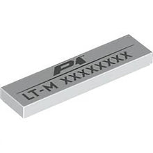 Part 2431pb891 - Tile 1 x 4 with Dark Silver 'P1', 'LT-M' and 8-Digit Serial Number Pattern