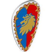 Part 2586pb012 - Minifigure, Shield Ovoid with Gold Border and Lion Head on Blue and Red Background Pattern