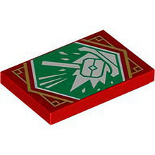 Part 26603pb302 - Tile 2 x 3 with White Hammer with Energy Bursts on Green Background with Gold Trim Pattern (Ninjago Banner)