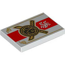 Part 26603pb303 - Tile 2 x 3 with Black and Gold Crossed Swords and Core Logo, White Ninjago Logogram 'DOJO', Thick Red Stripe, and Gold Trim Pattern