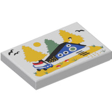 Part 26603pb319 - Tile 2 x 3 with Blue Cabin with Round Door and Windows, Bright Light Orange and Sand Green Trees Pattern