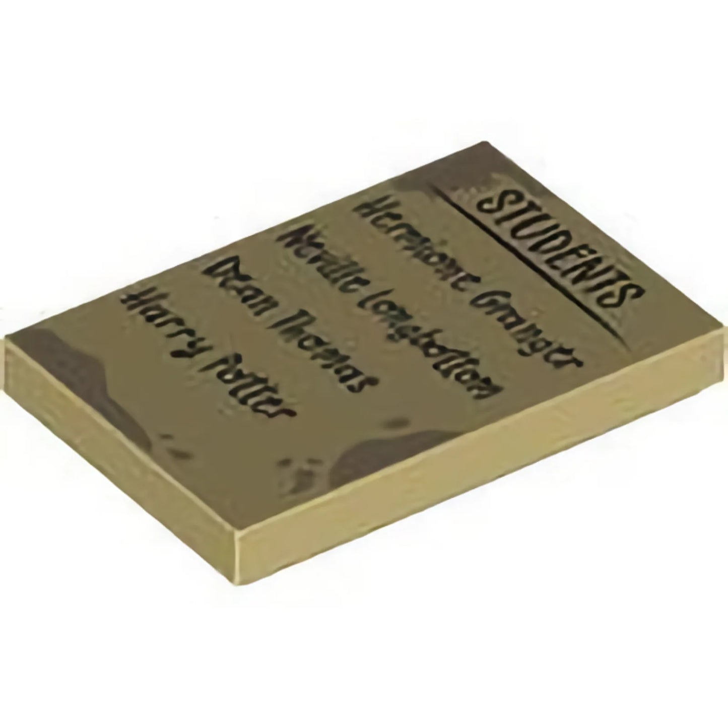 Part 26603pb394 - Tile 2 x 3 with Dark Tan Dirt Marks and Black 'STUDENTS' List with 'Hermione Granger', 'Neville Longbottom', 'Dean Thomas' and 'Harry Potter' Pattern