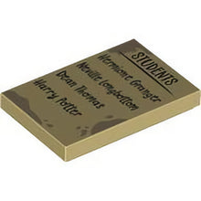 Part 26603pb394 - Tile 2 x 3 with Dark Tan Dirt Marks and Black 'STUDENTS' List with 'Hermione Granger', 'Neville Longbottom', 'Dean Thomas' and 'Harry Potter' Pattern