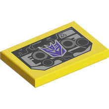 Part 26603pb527 - Tile 2 x 3 with Cassette Tape with Dark Purple and Silver Transformers Decepticon Logo, 'MC-60' and Dark Bluish Gray Circles on Black Background Pattern (Ravage)