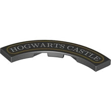 Part 27507pb01 - Tile, Round Corner 4 x 4 Macaroni Wide with 'HOGWARTS CASTLE' and Gold Border Pattern