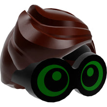 Part 28149pb04 - Minifigure, Hair Combo, Large Thick Glasses with Reddish Brown Hair, Parted and Wavy with Bright Green Lenses, Pupils Looking Forward Pattern