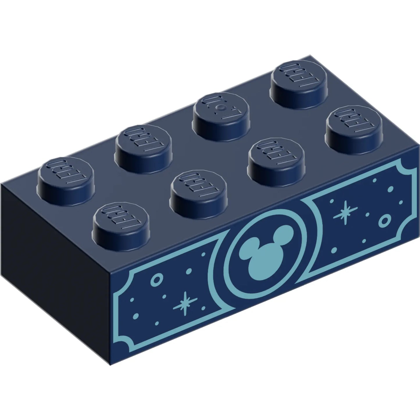Teil 3001pb198 - Ziegel 2 x 4 mit metallischem hellblauem Mickey-Mouse-Kopf, Kreisen und Glitzermuster auf beiden Seiten