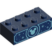 Part 3001pb198 - Brick 2 x 4 with Metallic Light Blue Mickey Mouse Head, Circles and Sparkles Pattern on Both Sides
