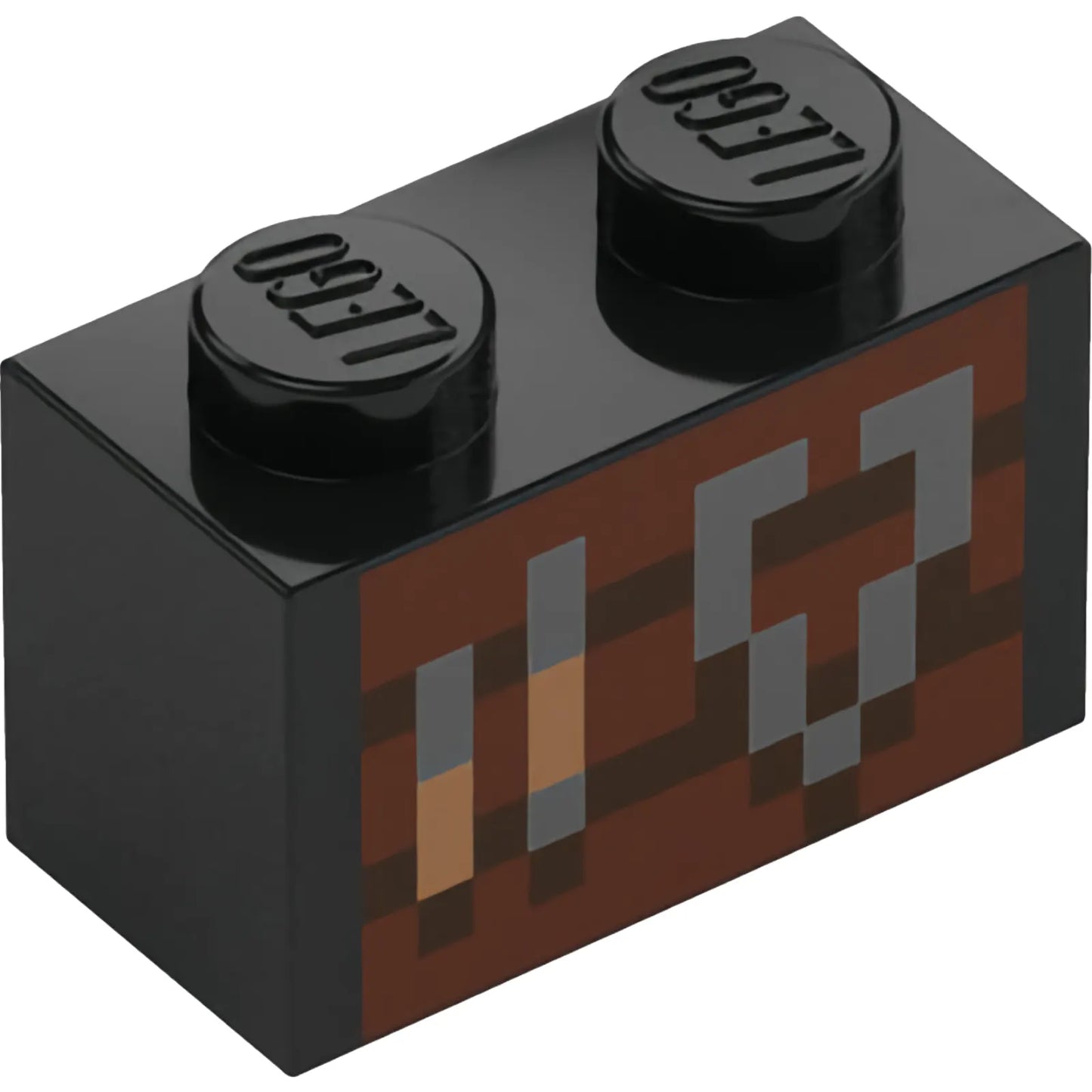 Part 3004pb338 - Brick 1 x 2 with Reddish Brown and Dark Brown Pixelated Smithing Table with Medium Nougat and Silver Tools Pattern