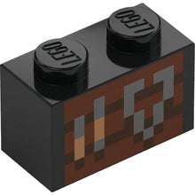 Part 3004pb338 - Brick 1 x 2 with Reddish Brown and Dark Brown Pixelated Smithing Table with Medium Nougat and Silver Tools Pattern