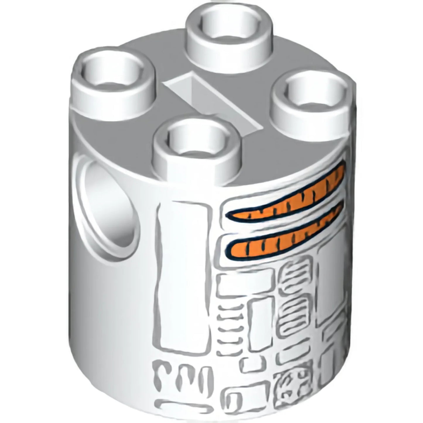 Teil 30361pb020 - Ziegelstein, runder 2 x 2 x 2 Roboterkörper mit grauen Linien und Karottenmuster (Schneemann R2-D2)