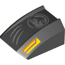 Part 30602pb108 - Slope, Curved 2 x 2 Lip with Orange and Yellow Headlights, Silver Scratches and Jurassic World Logo Pattern