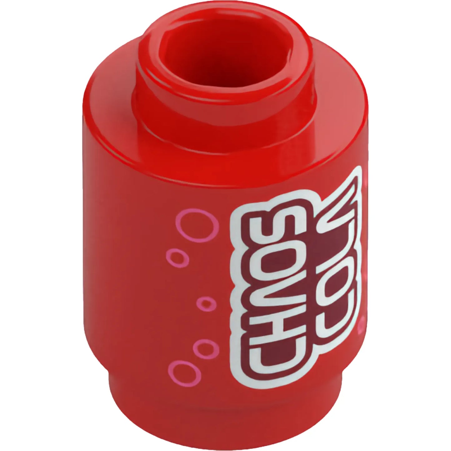 Part 3062pb078 - Brick, Round 1 x 1 with Stylized White 'CHAOS COLA' on Dark Red Background and Bright Pink Circles Pattern