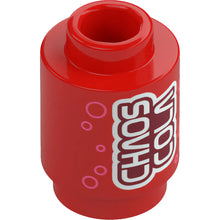 Part 3062pb078 - Brick, Round 1 x 1 with Stylized White 'CHAOS COLA' on Dark Red Background and Bright Pink Circles Pattern