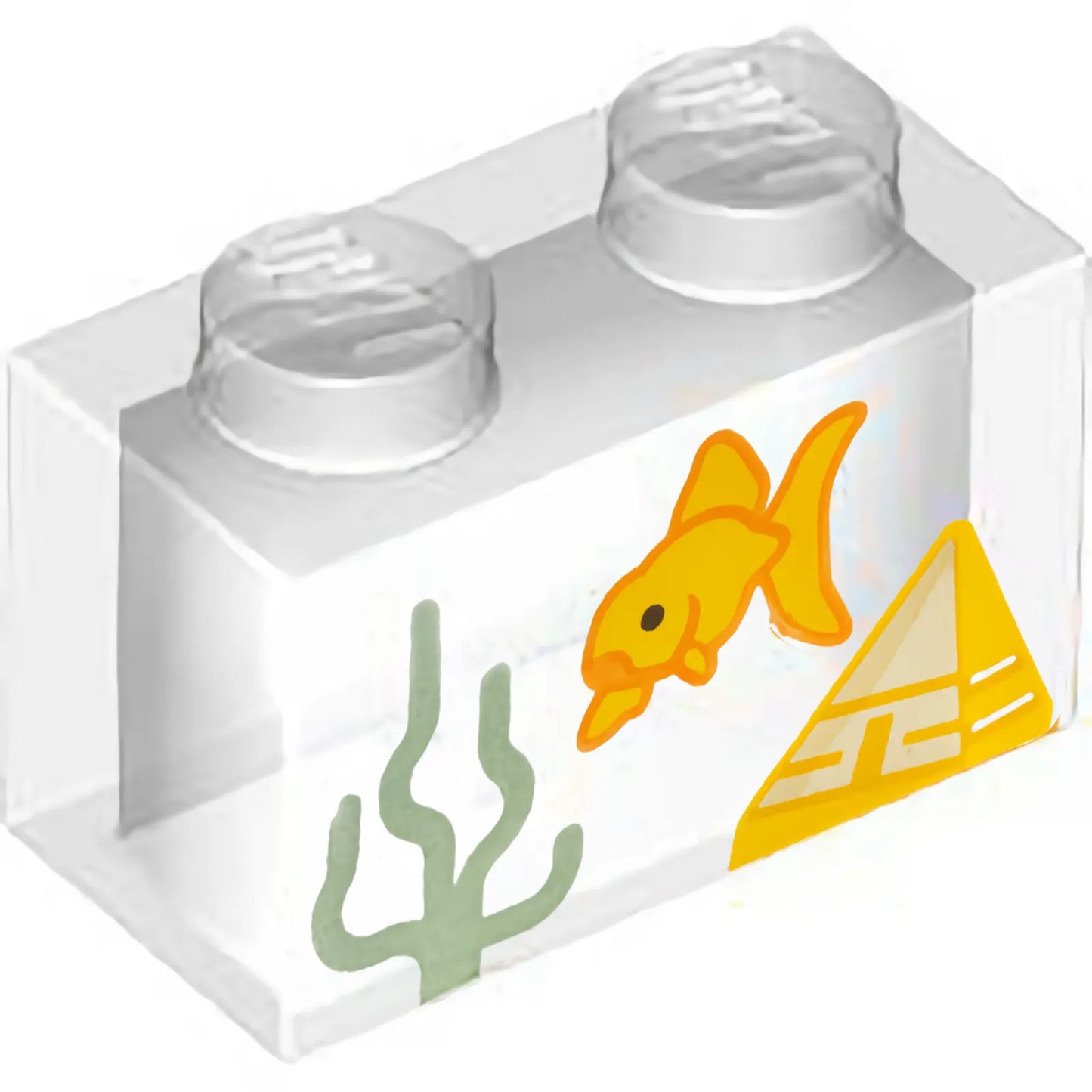 Part 3065pb22 - Brick 1 x 2 without Bottom Tube with Fish Tank with Goldfish, Sand Green Seaweed and Yellow Pyramid Pattern