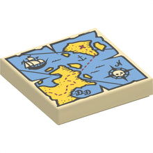 Part 3068pb0929 - Tile 2 x 2 with Map Blue Water, Yellow Land, Black Pirate Ship, Compass Rose, White Skeleton Head and Red 'X' Pattern