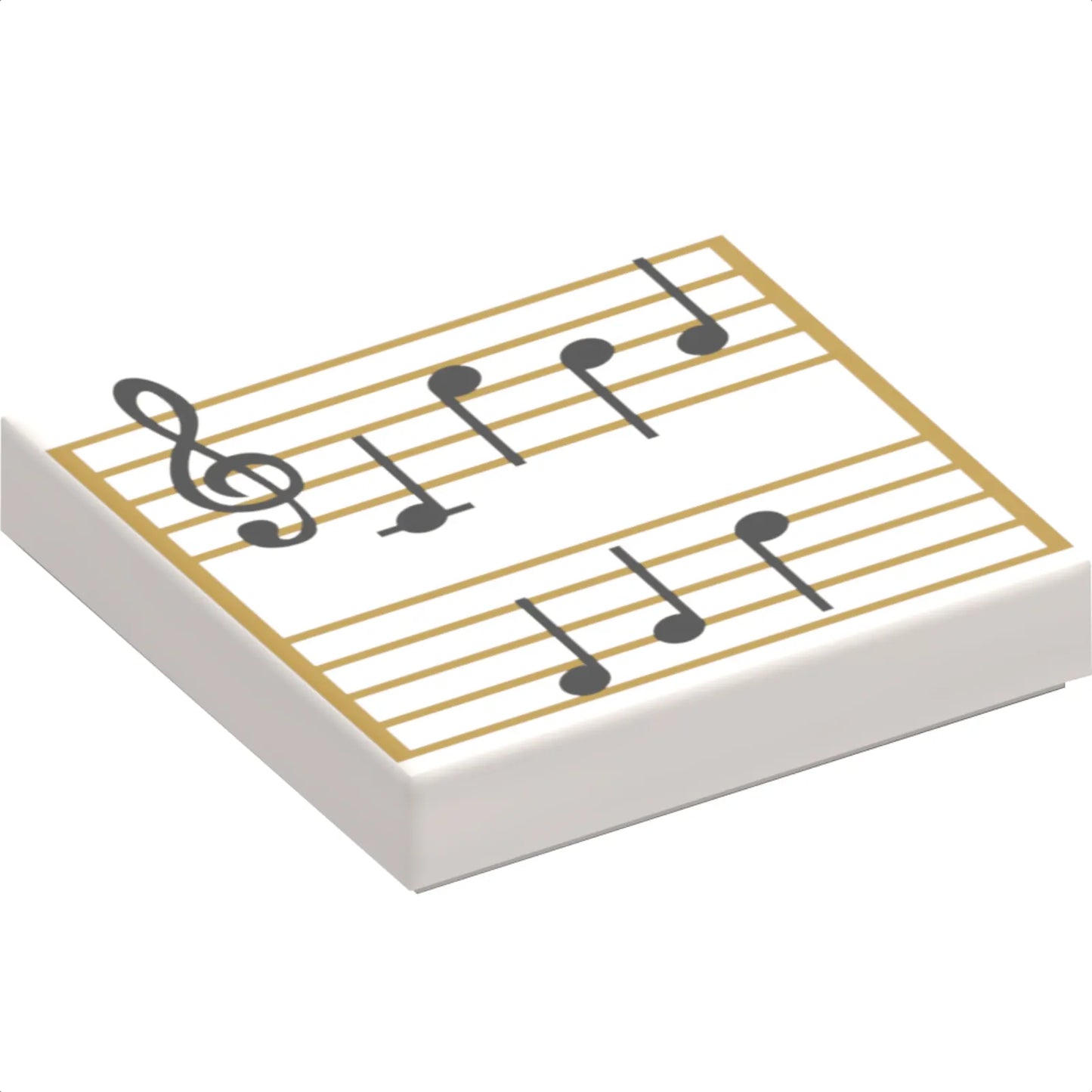 Part 3068pb1291 - Tile 2 x 2 with Sheet Music, Black Treble Clef and Music Notes on Gold Staves Pattern