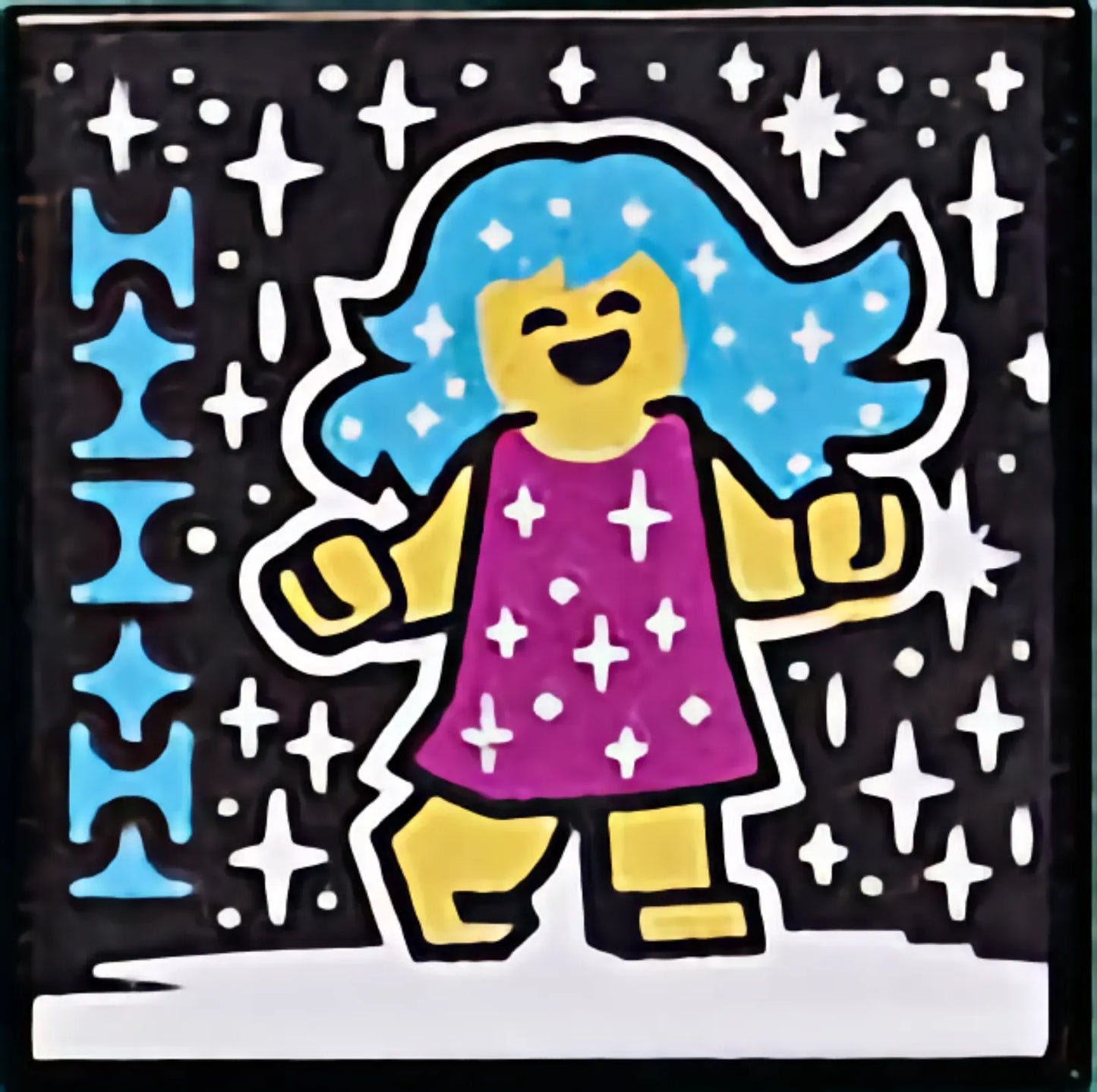 Part 3068pb1555 - Tile 2 x 2 with BeatBit Album Cover - Girl with Dark Azure Hair, Magenta Dress and White Stars Pattern