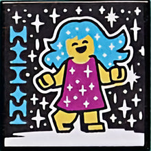 Part 3068pb1555 - Tile 2 x 2 with BeatBit Album Cover - Girl with Dark Azure Hair, Magenta Dress and White Stars Pattern