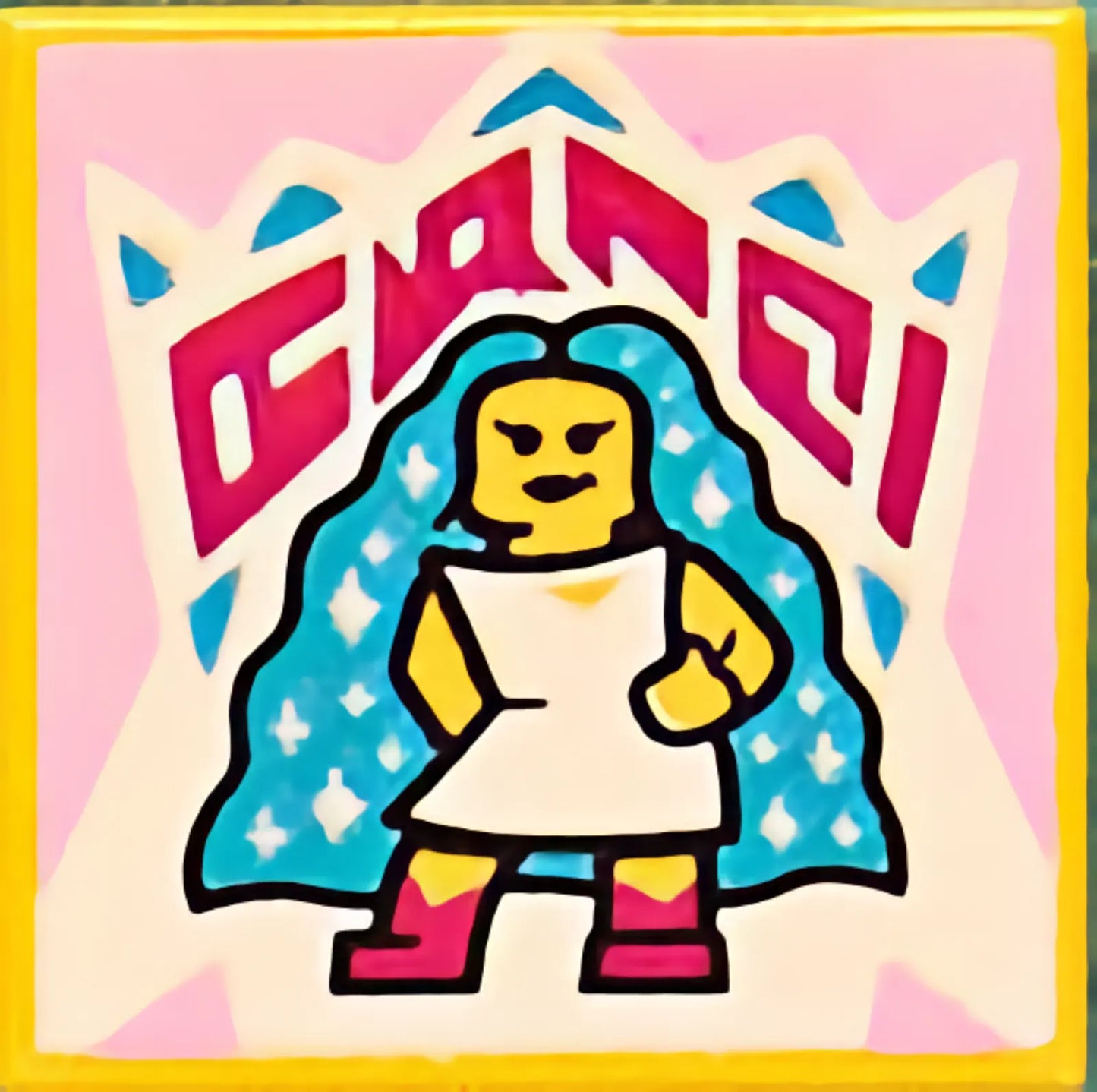 Part 3068pb1578 - Tile 2 x 2 with BeatBit Album Cover - Minifigure with Long Dark Azure Hair with Sparkles Pattern