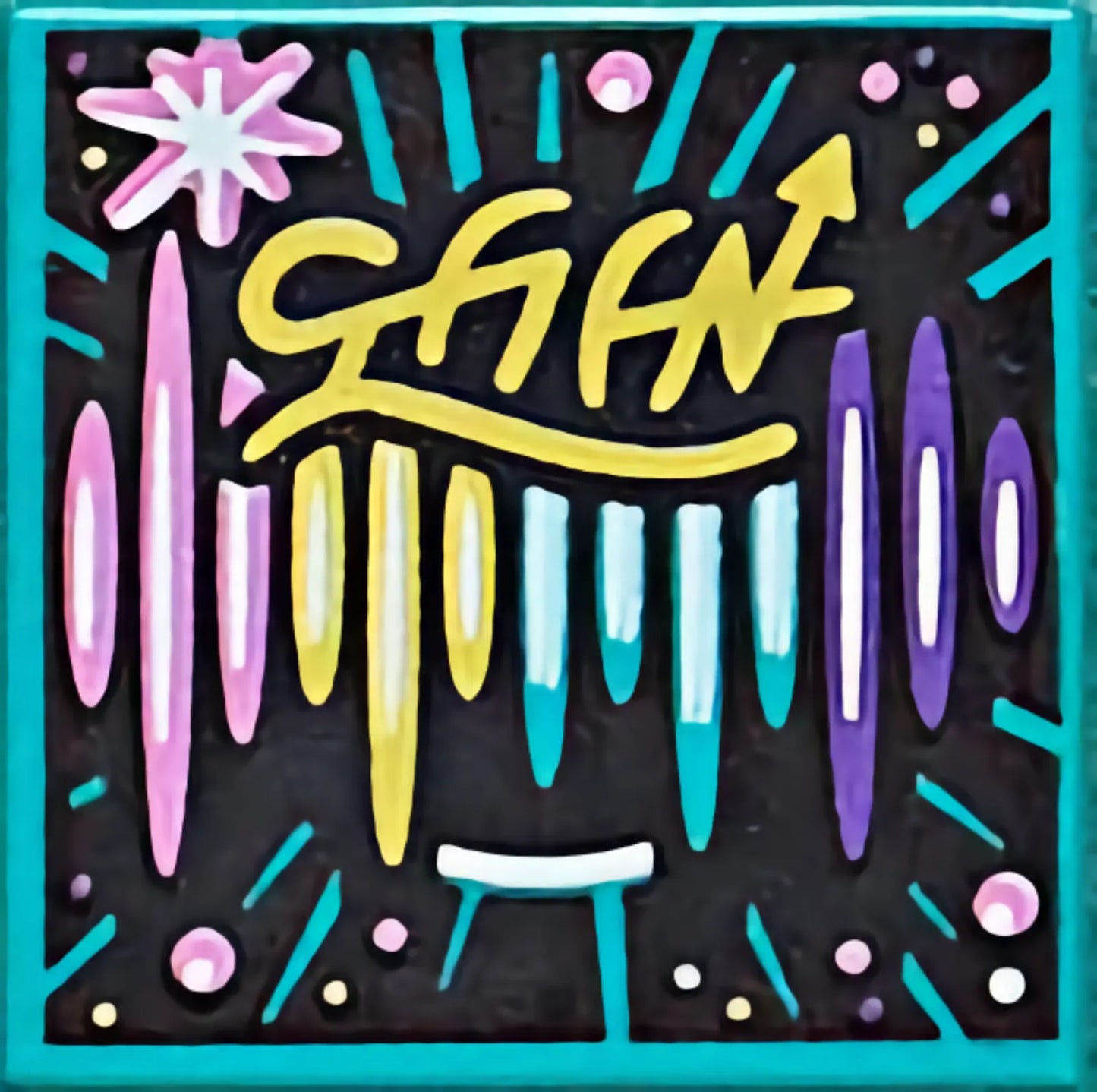 Part 3068pb1608 - Tile 2 x 2 with BeatBit Album Cover - Pink, Yellow, Dark Turquoise and Dark Purple Stripes, Lines and Dots Pattern