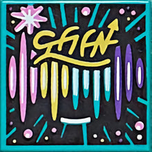 Part 3068pb1608 - Tile 2 x 2 with BeatBit Album Cover - Pink, Yellow, Dark Turquoise and Dark Purple Stripes, Lines and Dots Pattern