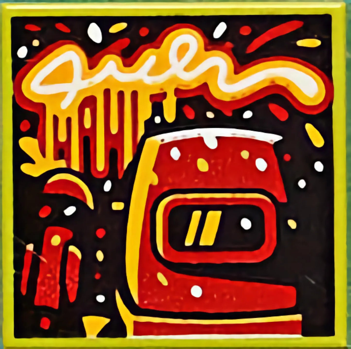 Part 3068pb1616 - Tile 2 x 2 with BeatBit Album Cover - Red Welding Mask and Microphone Pattern