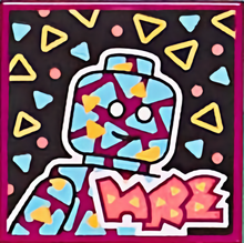 Part 3068pb1773 - Tile 2 x 2 with BeatBit Album Cover - Minifigure on Black Background with Medium Azure and Yellow Triangles Pattern